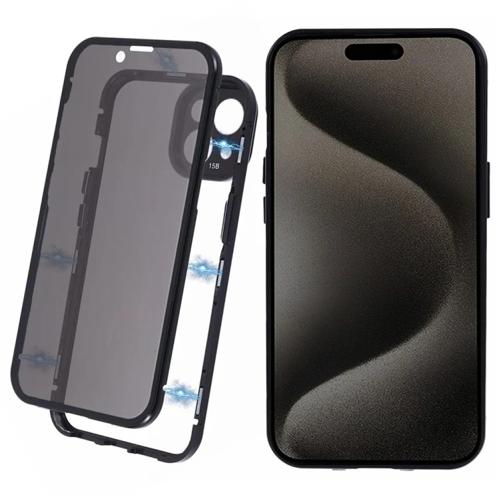For iPhone 15 Magnetic Adsorption Case Metal Bumper Tempered Glass Privacy Cover
